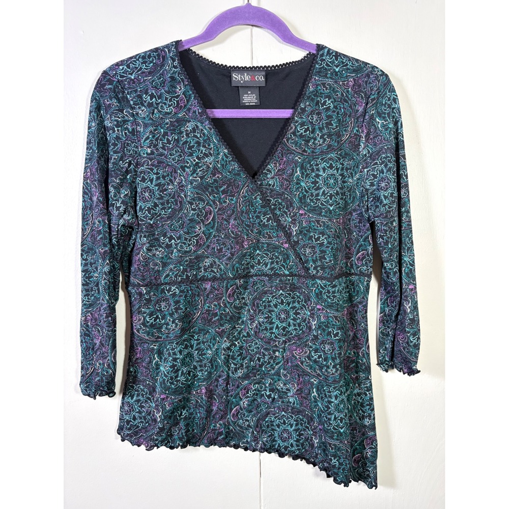 Style & Co Paisley Mesh Faux Wrap Top Asymmetrical Hem M Y2K Whimsigoth Grunge
